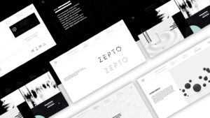 Pages from the brand book on a black and white background