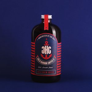 Brown bottle with label on navy blue background