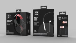 GenTek logomark next to wireless ehadphones packaging