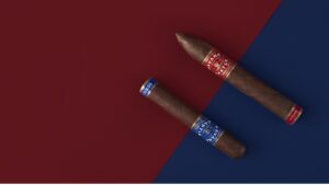 Cigar labels displayed on royal blue and maroon background