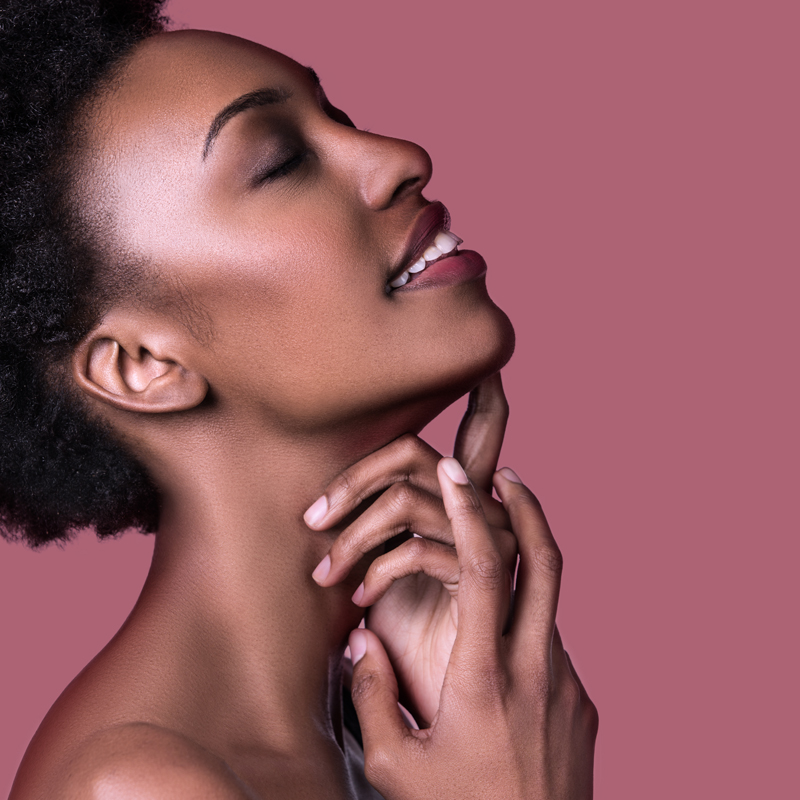 Model profile with mauve background