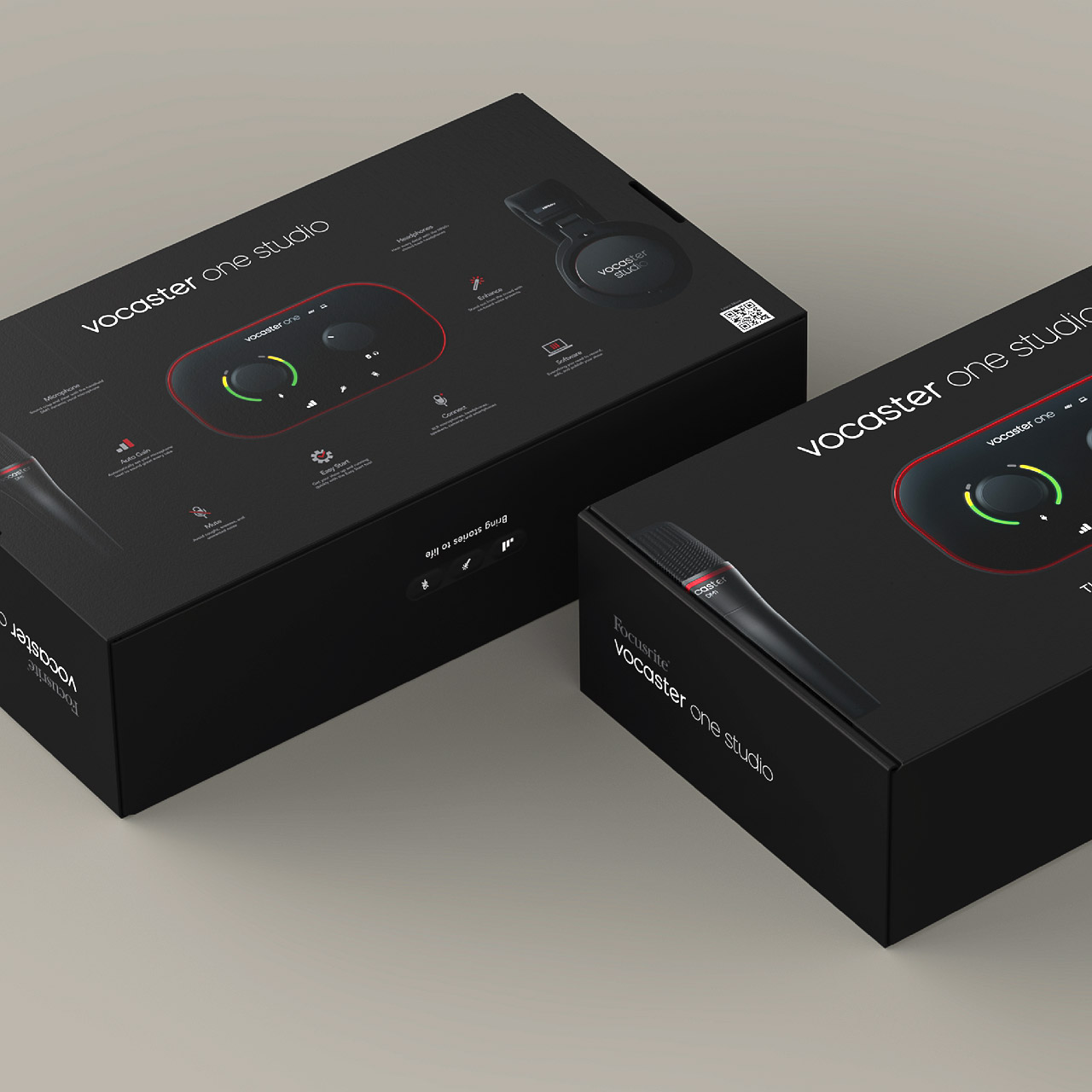 Front and back views of Vocaster One studio black box