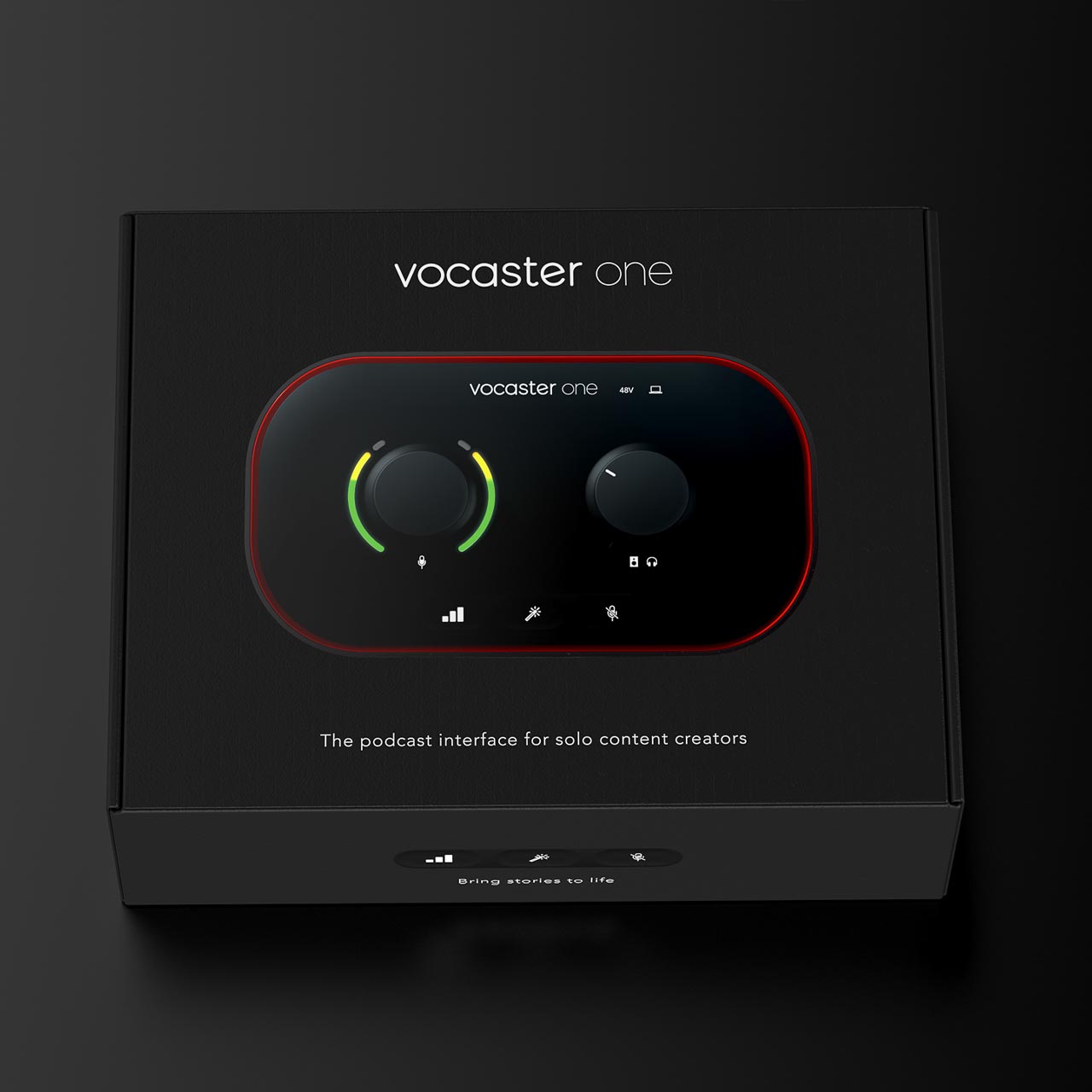 Vocaster One black box packaging sitting on black surface